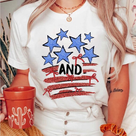 B286 White Patriotic Stars and Stripes Bow Graphic T Shirt - Picture 4 of 6